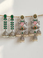 Silver finish Green & Pink Jhumka Earring Combo