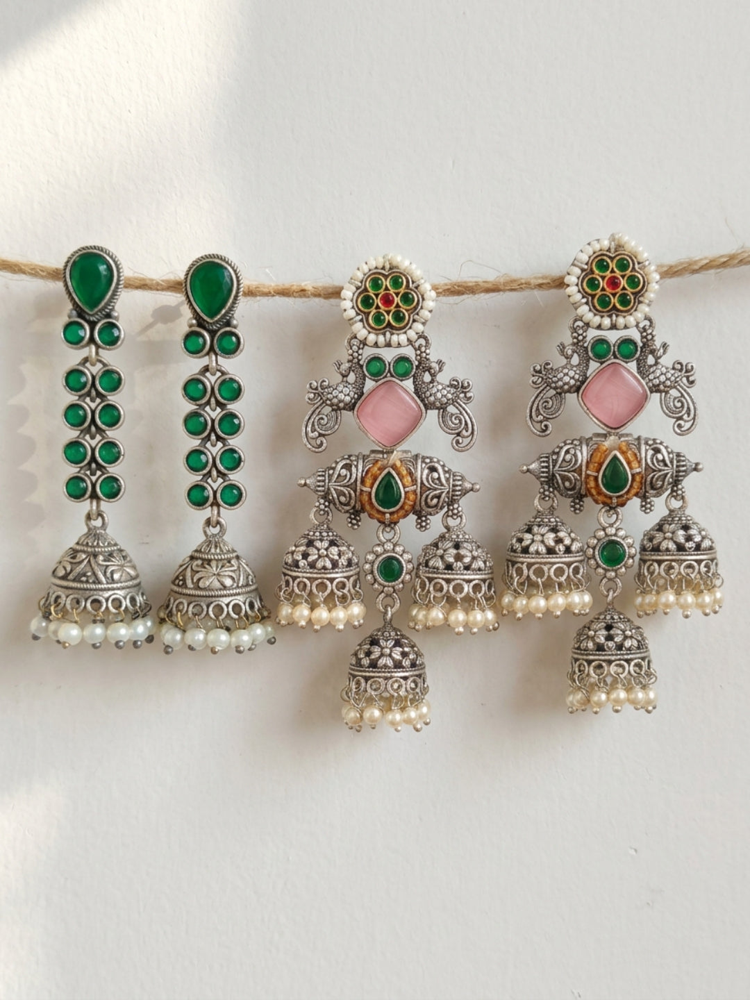 Silver finish Green & Pink Jhumka Earring Combo