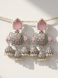 Pink Stone Pearl Dangler Earrings — Silver Finish