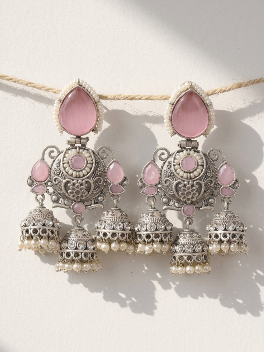 Pink Stone Pearl Dangler Earrings — Silver Finish