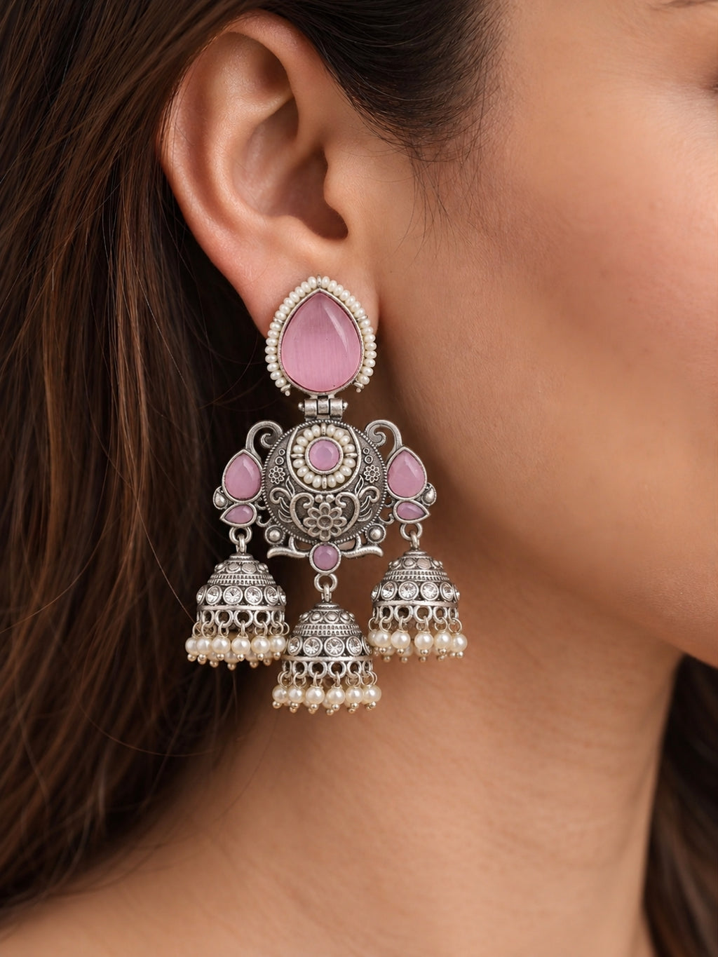 Pink Stone Pearl Dangler Earrings — Silver Finish