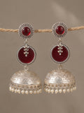 Ruby Red Leaf Disc Jhumki Earrings — Silver Finish