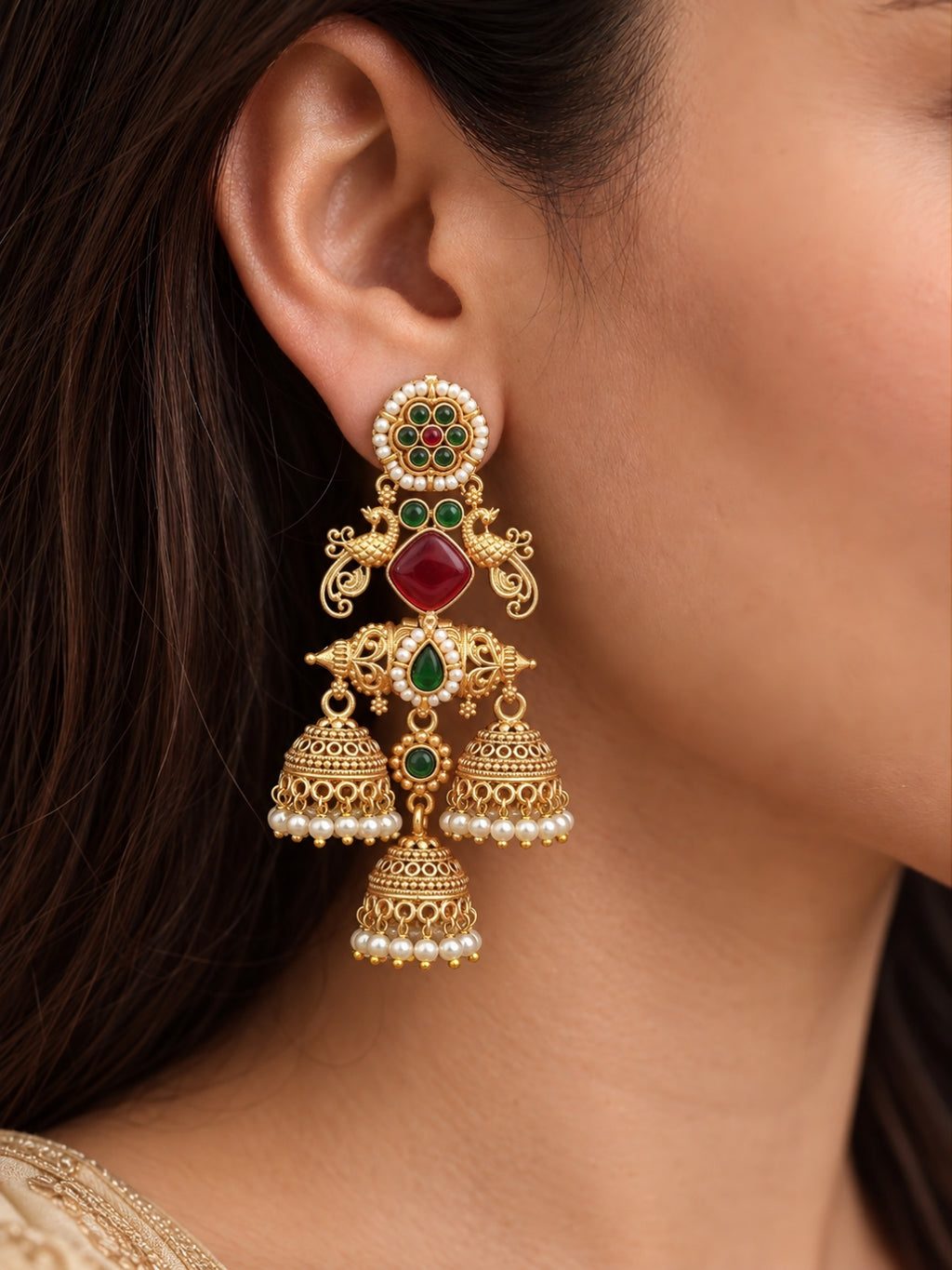 Red & Green Temple Layered Jhumki Dangler Earrings — Gold Finish