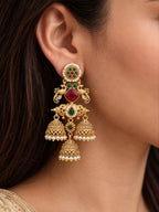 Red & Green Temple Layered Jhumki Dangler Earrings — Gold Finish