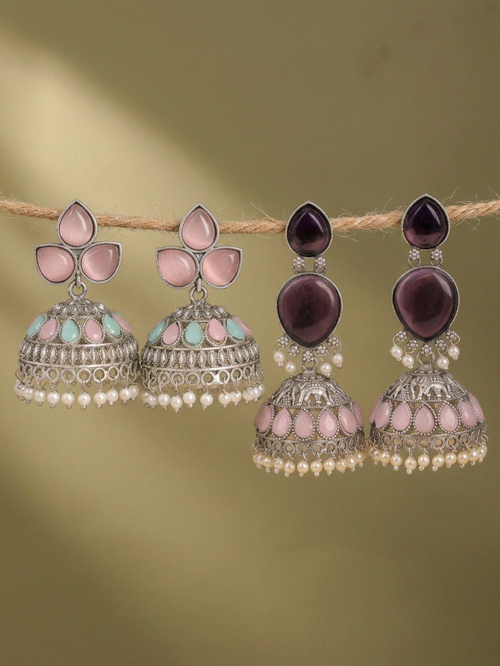 Silver finish floral Jhumka Earrings Combo Set