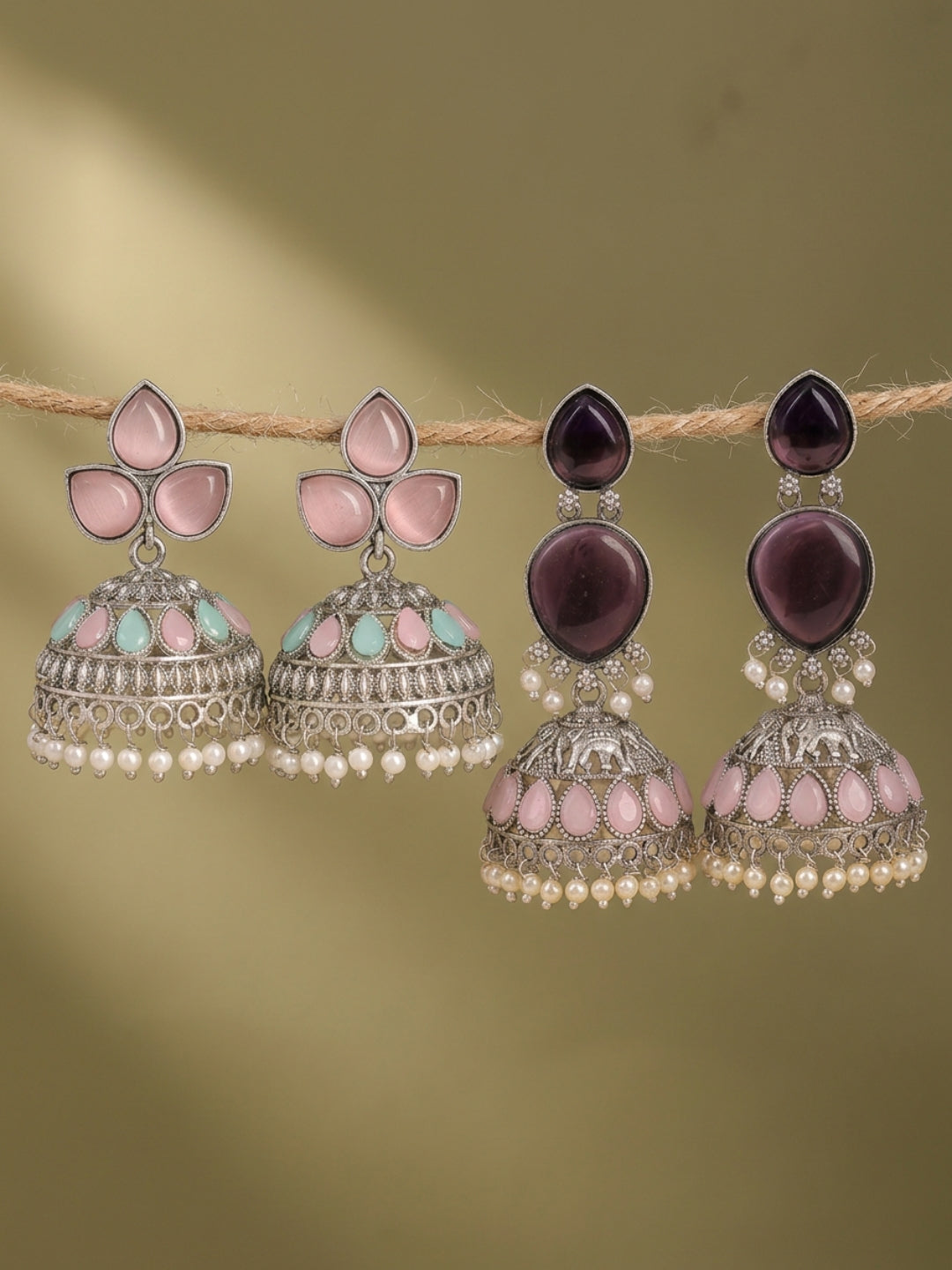 Silver finish floral Jhumka Earrings Combo Set