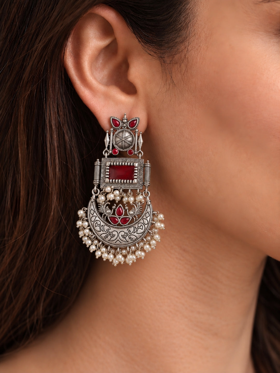Chand Dangler Earrings — Red Stone & Pearl Drop, Silver Finish