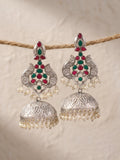 Peacock Jhumki Earrings — Red & Green Stones, Silver Finish