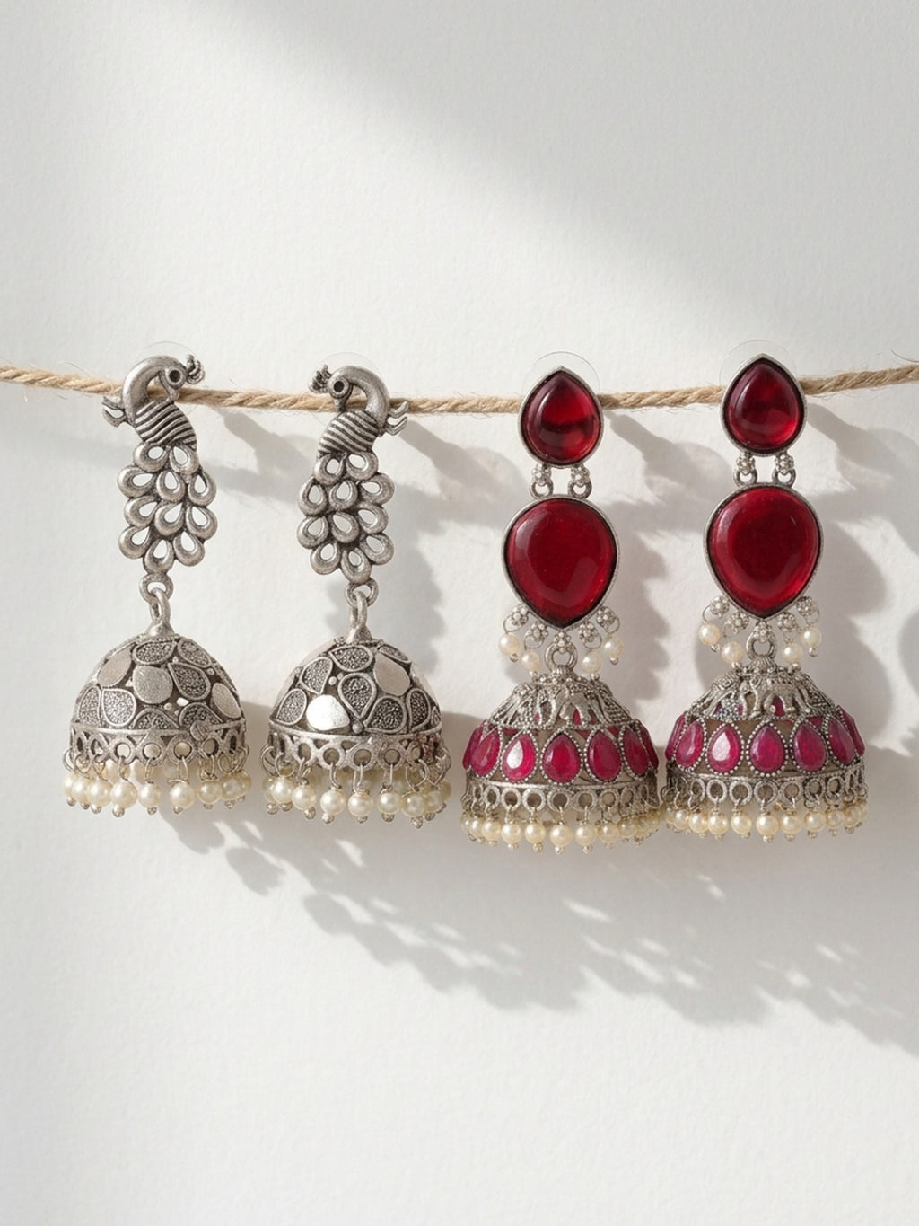 Peacock & Red Stone Silver finish Jhumka Combo