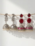Peacock & Red Stone Silver finish Jhumka Combo