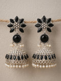 Black Floral Pearl Jhumki Earrings — Silver Tone