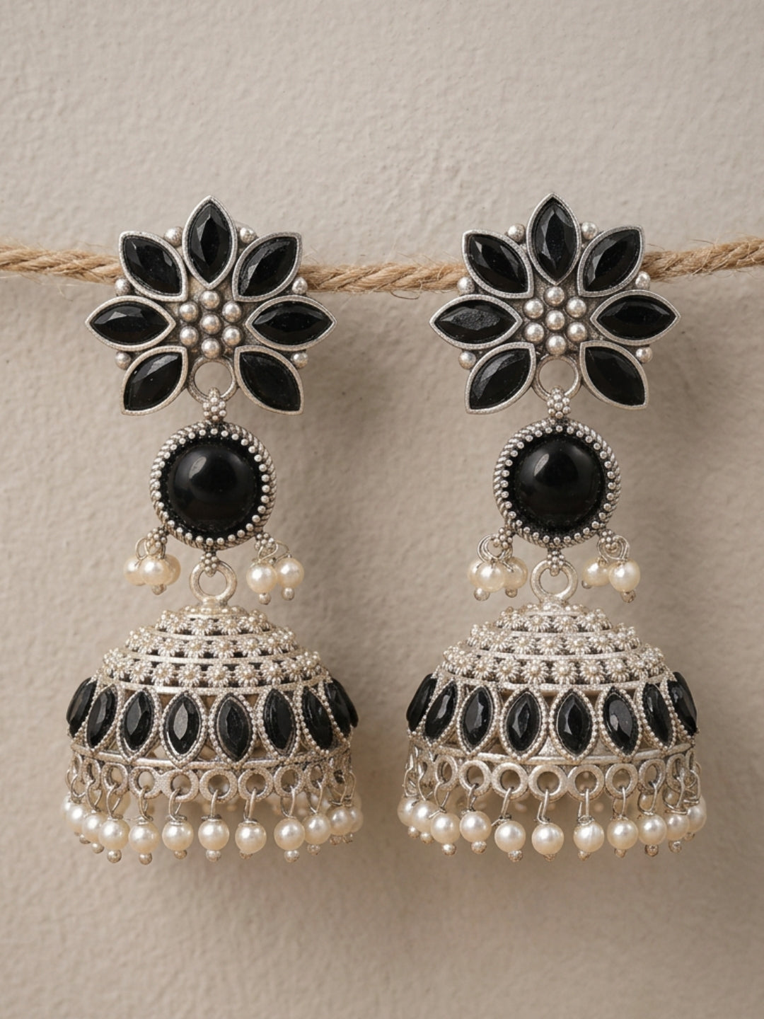 Black Floral Pearl Jhumki Earrings — Silver Tone