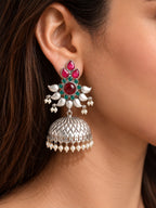 Floral Lotus Jhumki Earrings — Red & Green Stones, Silver Finish