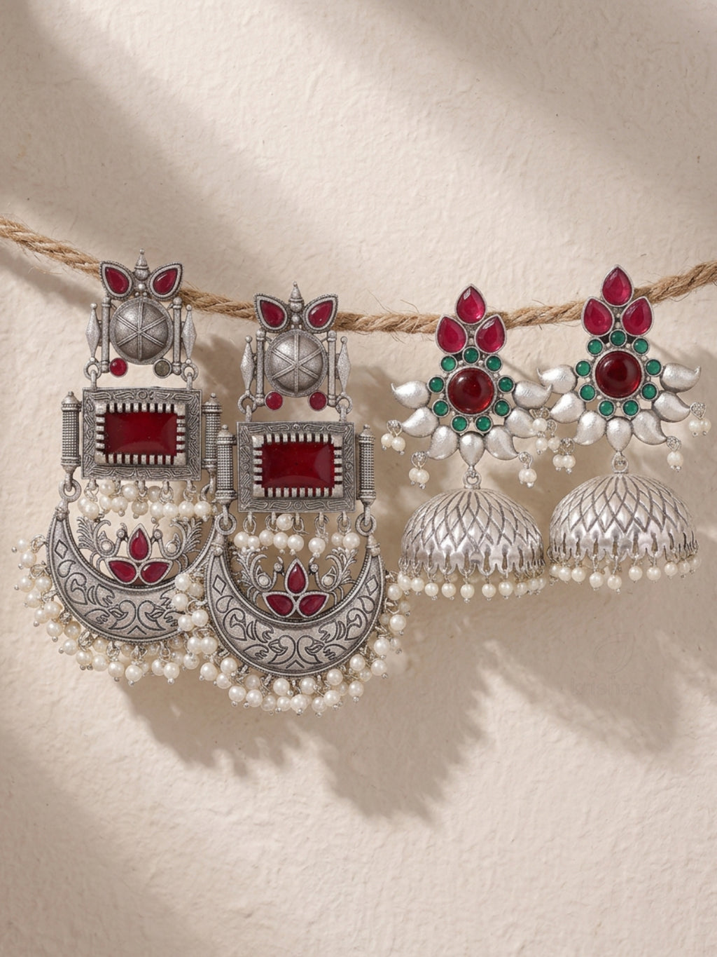 Silver finish Red Green Ethnic Earrings Combo