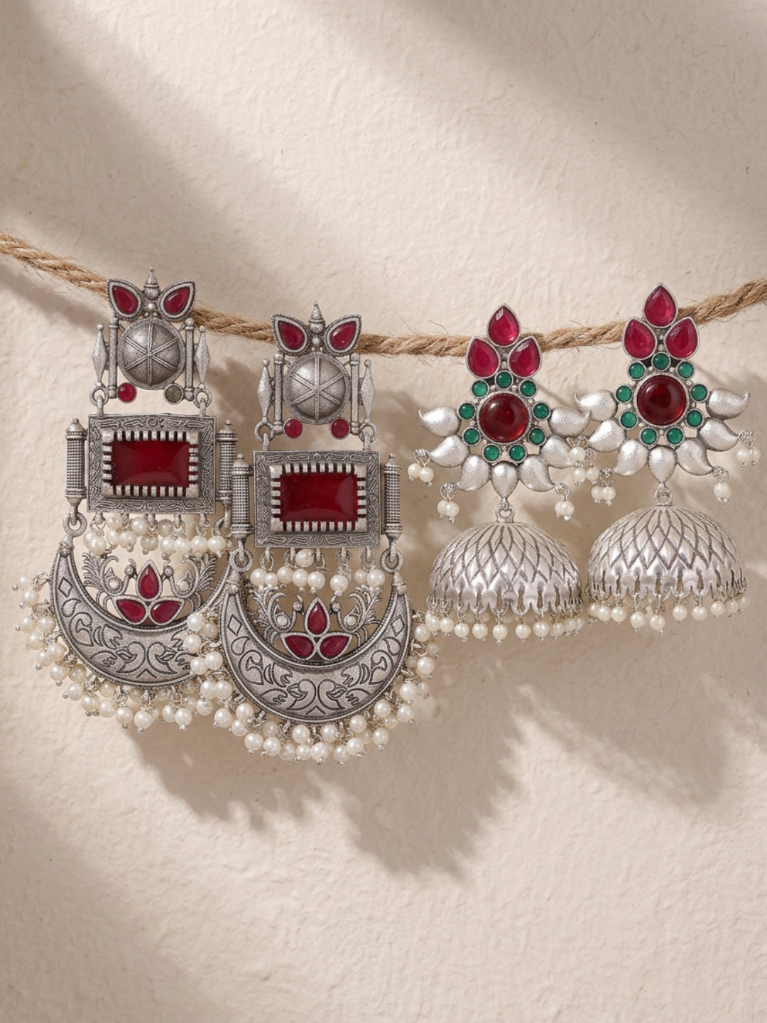Silver finish Red Green Ethnic Earrings Combo