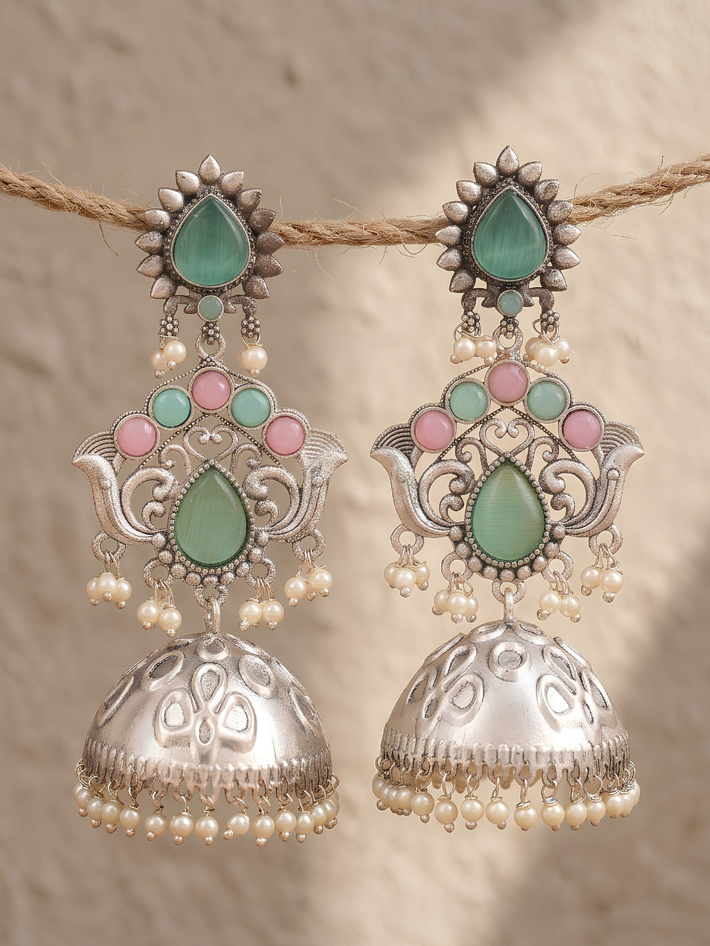 Pink Turquoise Pearl Drop Jhumka Earrings — Traditional Silver Finish