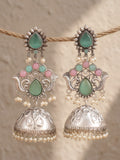 Pink Turquoise Pearl Drop Jhumka Earrings — Traditional Silver Finish