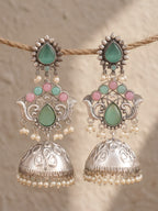 Pink Turquoise Pearl Drop Jhumka Earrings — Traditional Silver Finish