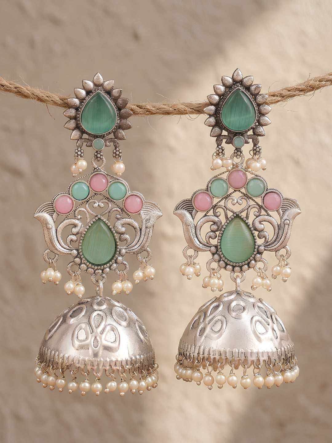 Pink Turquoise Pearl Drop Jhumka Earrings — Traditional Silver Finish
