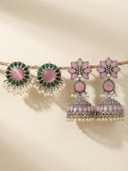 Pink Green Floral Silver finish Earring Combo
