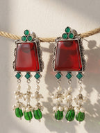 Red Green Stone Earrings Combo Set