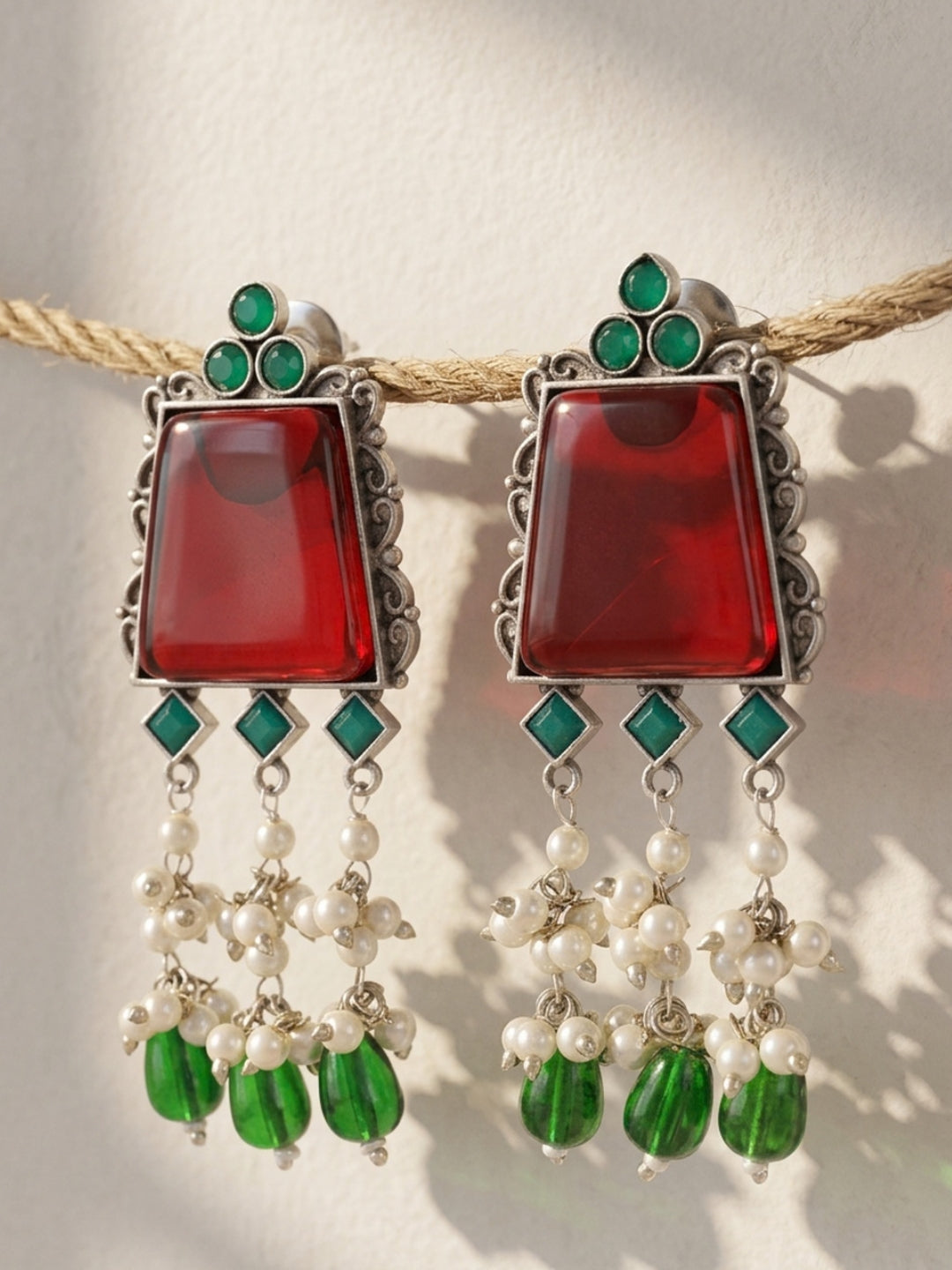 Red Green Stone Earrings Combo Set