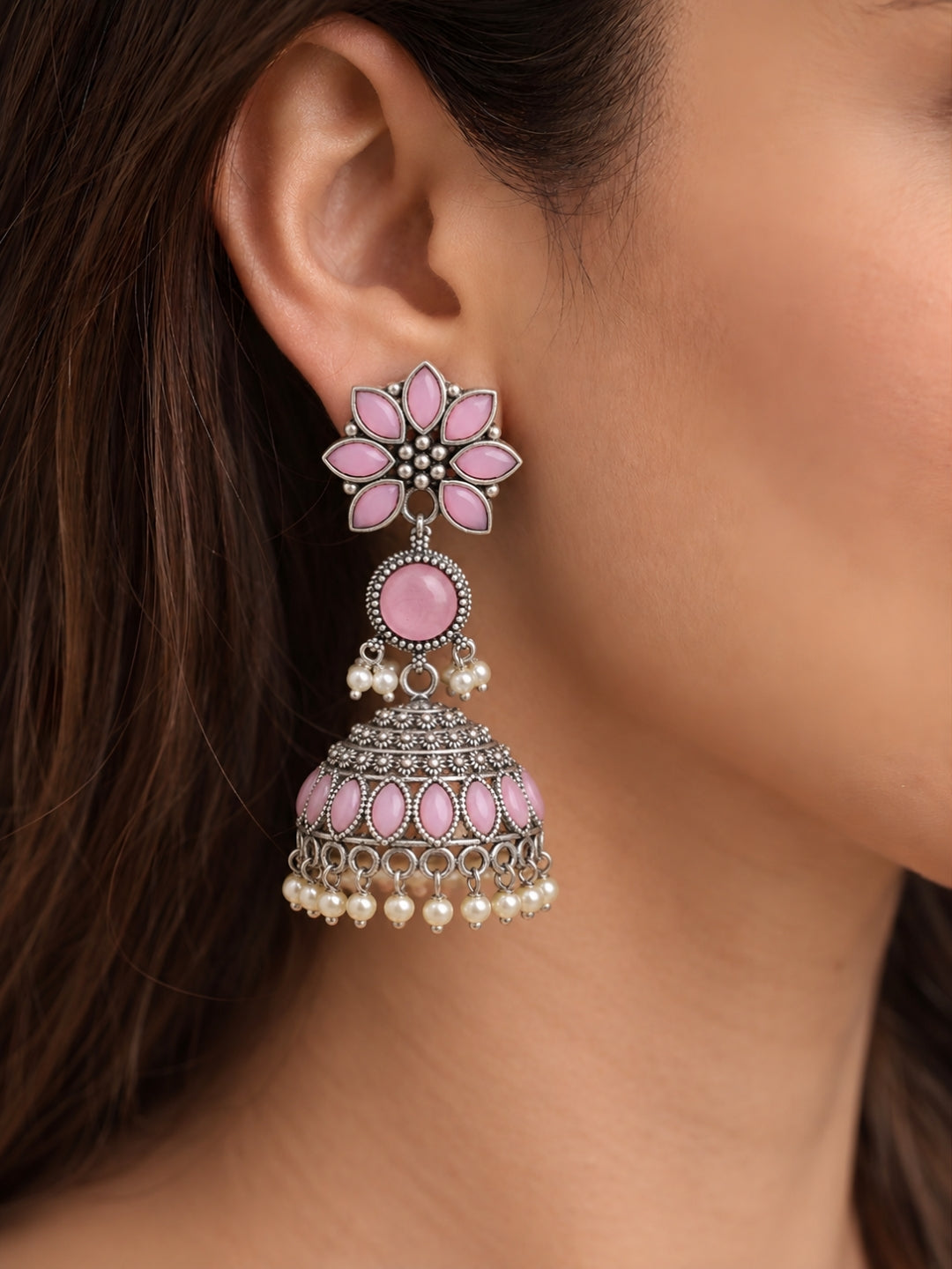 Pink Floral Jhumka Earrings — Silver Finish