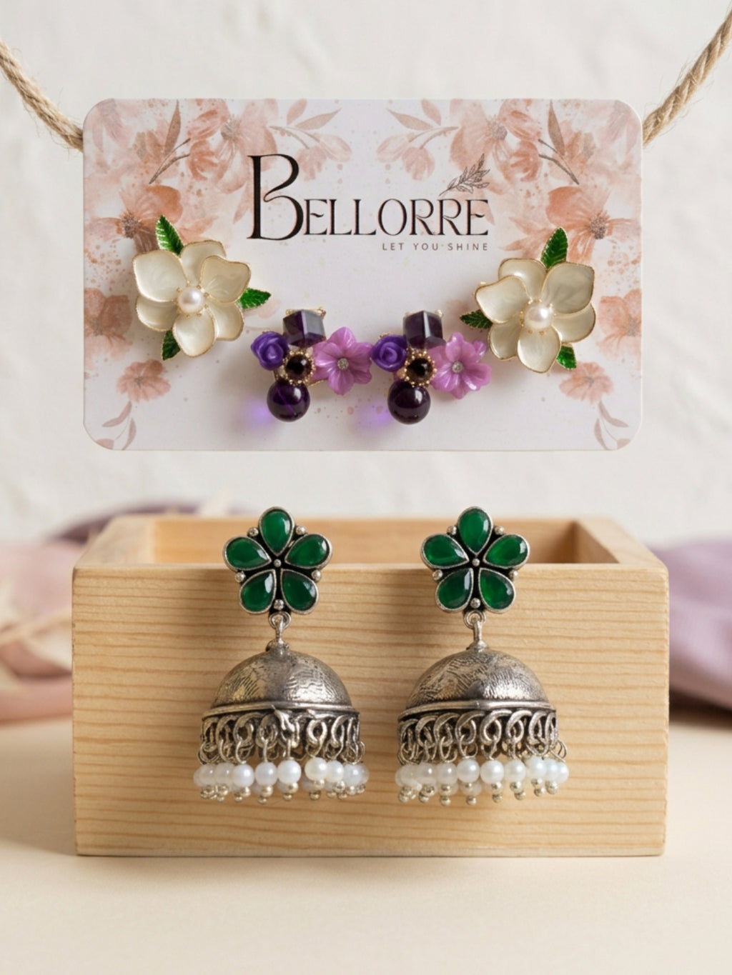 Elegant Floral Studs and Classic Green Jhumka Earrings Combo