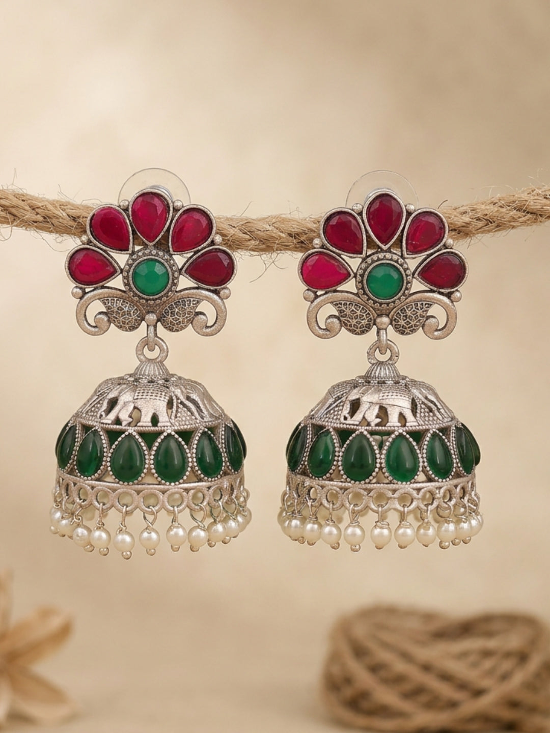 Elephant Red & Green Stone Jhumki Earrings — Silver Finish