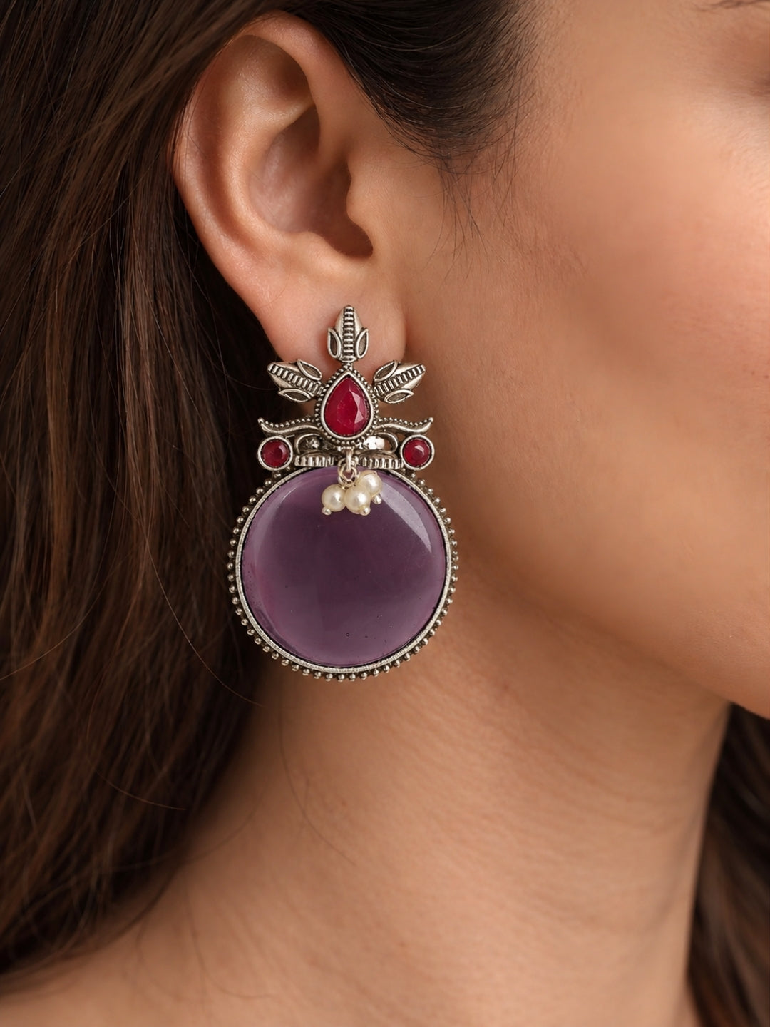 Purple Red Statement Silver-Plated Stud Earrings