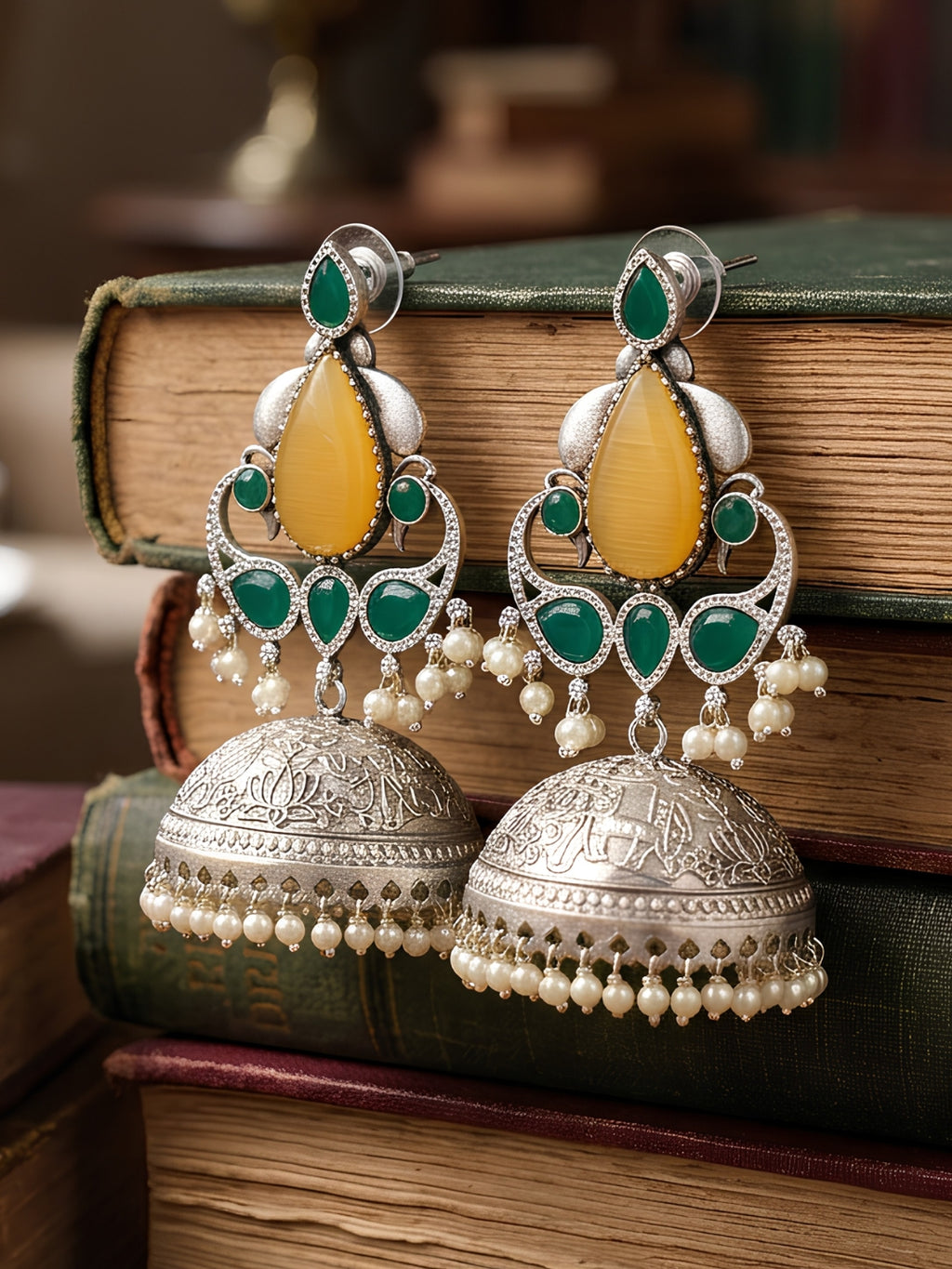 Green & Yellow Chandelier Jhumka Earrings — Silver Finish