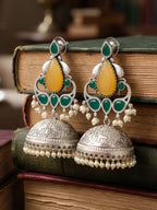 Green & Yellow Chandelier Jhumka Earrings — Silver Finish
