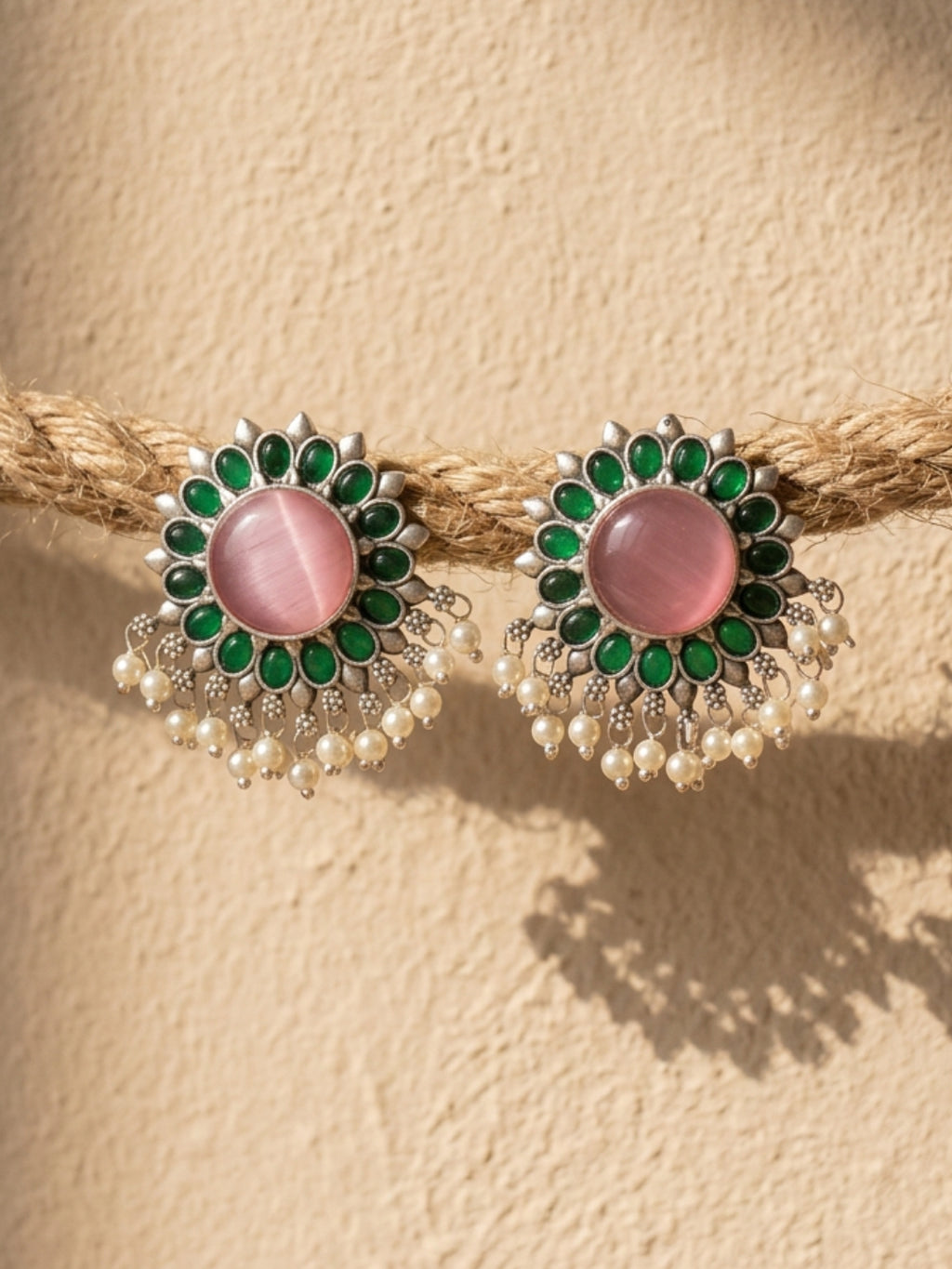 Pink Green Floral Silver finish Earring Combo