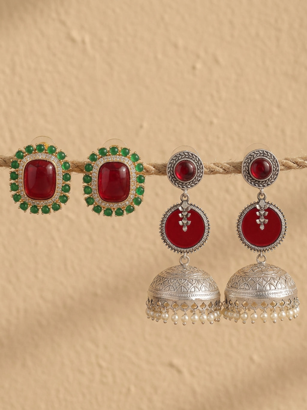 Red Green Heritage Stud & Jhumka Earrings Combo