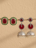 Red Green Heritage Stud & Jhumka Earrings Combo