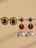 Red Green Heritage Stud & Jhumka Earrings Combo