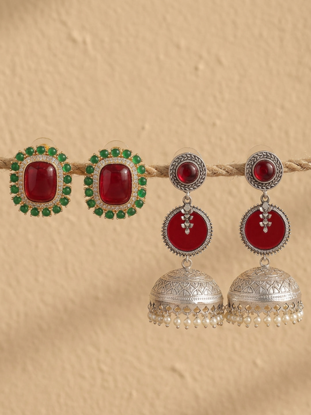 Red Green Heritage Stud & Jhumka Earrings Combo