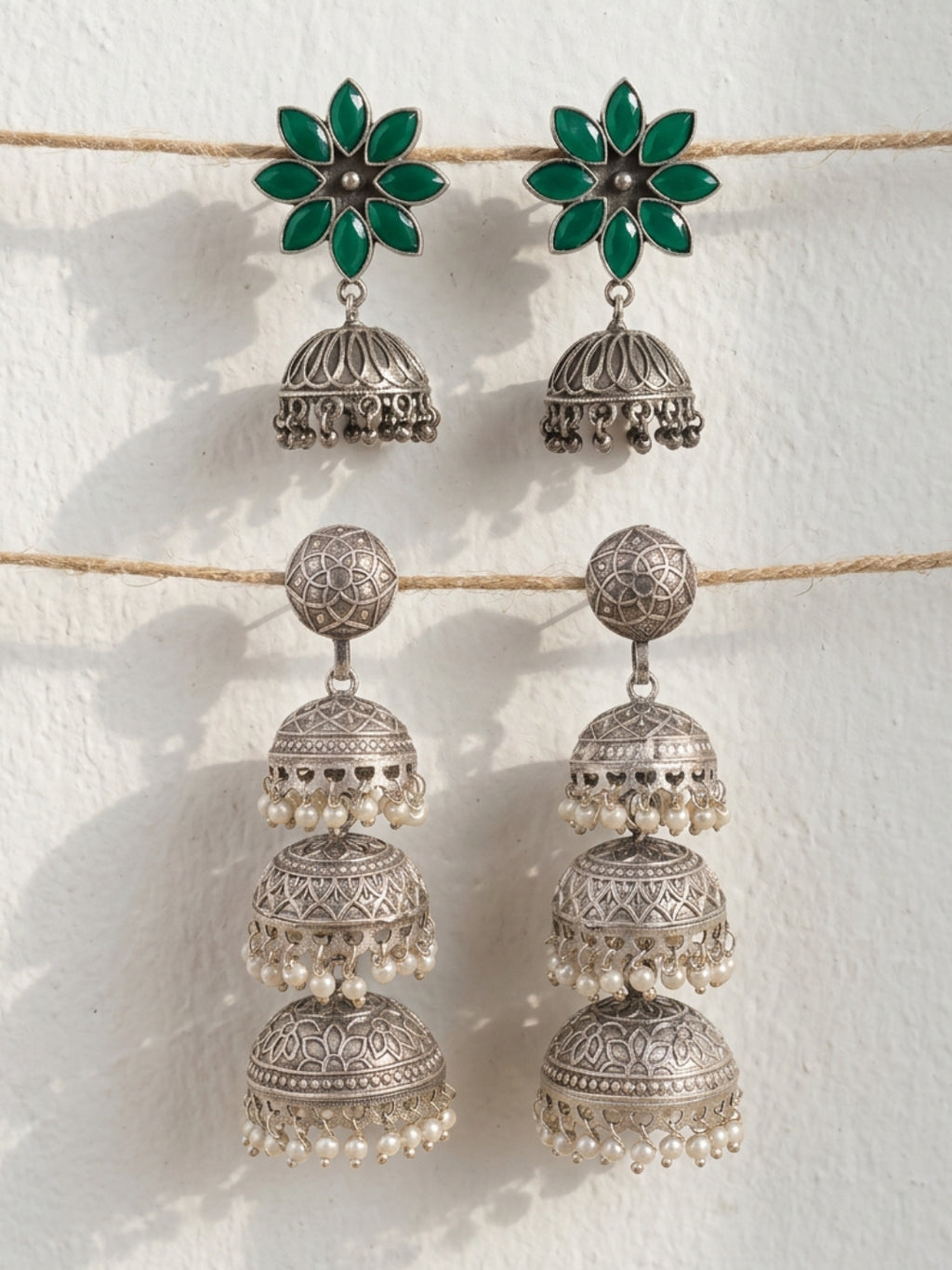 Green Floral & Pearl Jhumka Earrings Combo