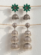 Green Floral & Pearl Jhumka Earrings Combo