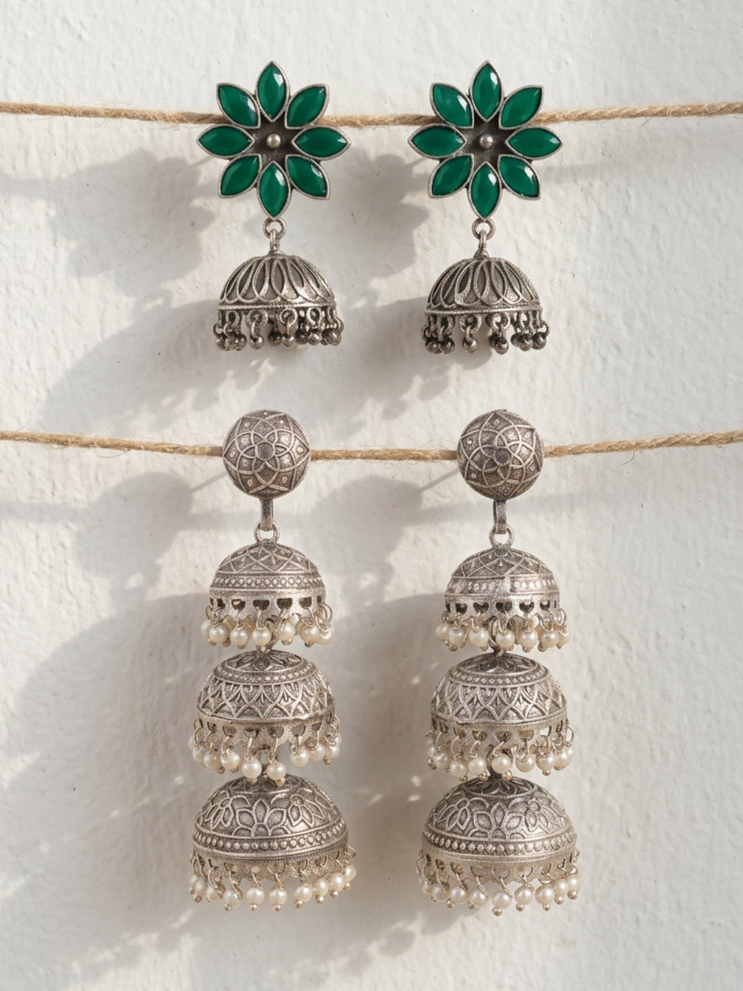 Green Floral & Pearl Jhumka Earrings Combo