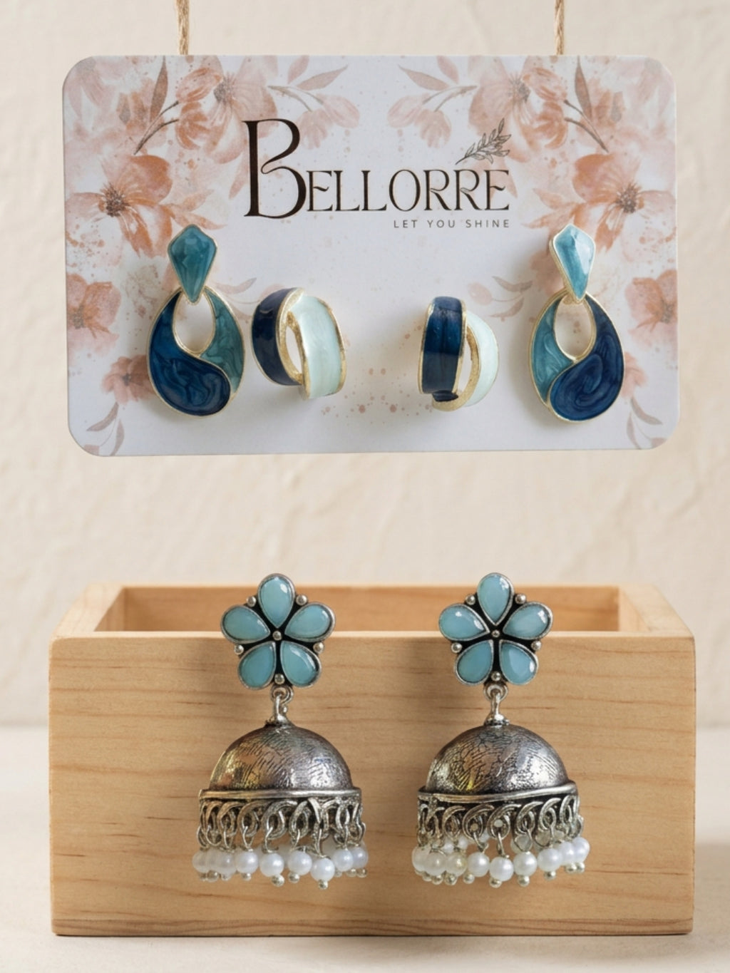 Elegant Blue Floral Jhumka and Enamel Hoop Earrings Combo