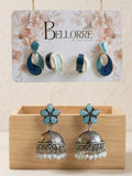 Elegant Blue Floral Jhumka and Enamel Hoop Earrings Combo