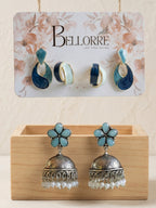 Elegant Blue Floral Jhumka and Enamel Hoop Earrings Combo