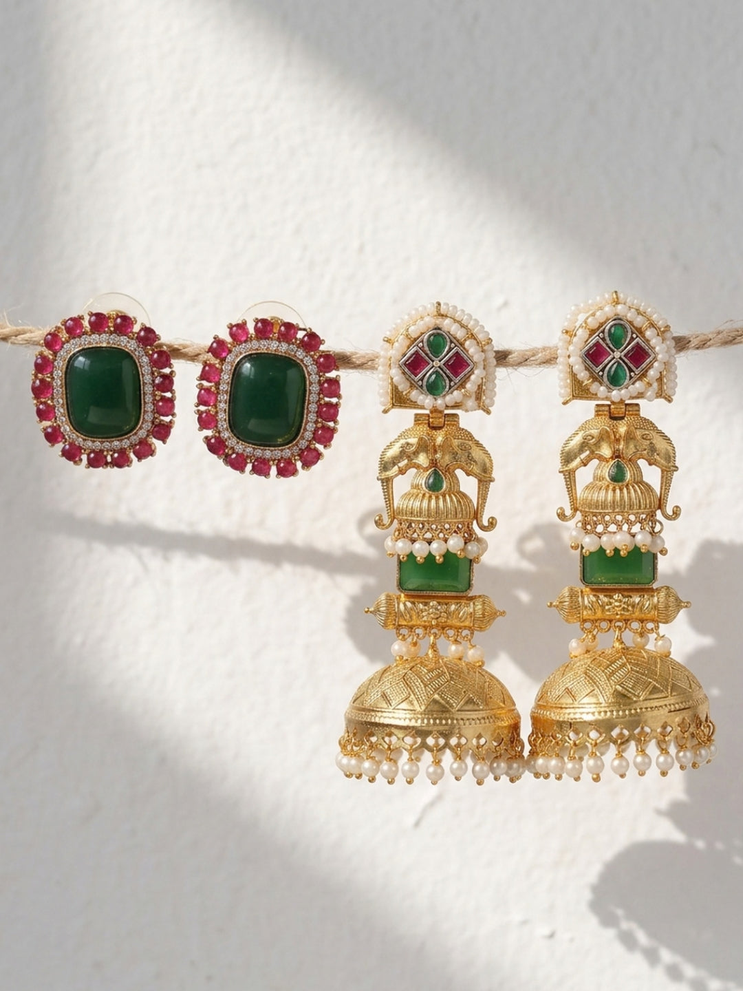 Green Red Elephant Jhumka Earrings with Studs