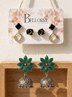 Elegant Black Gold Green Floral Jhumka Earrings Combo Set
