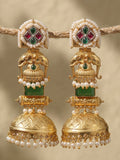 Green Stone Elephant Motif Jhumka Earrings — Gold Finish