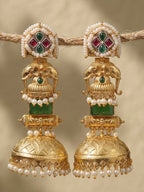 Green Stone Elephant Motif Jhumka Earrings — Gold Finish