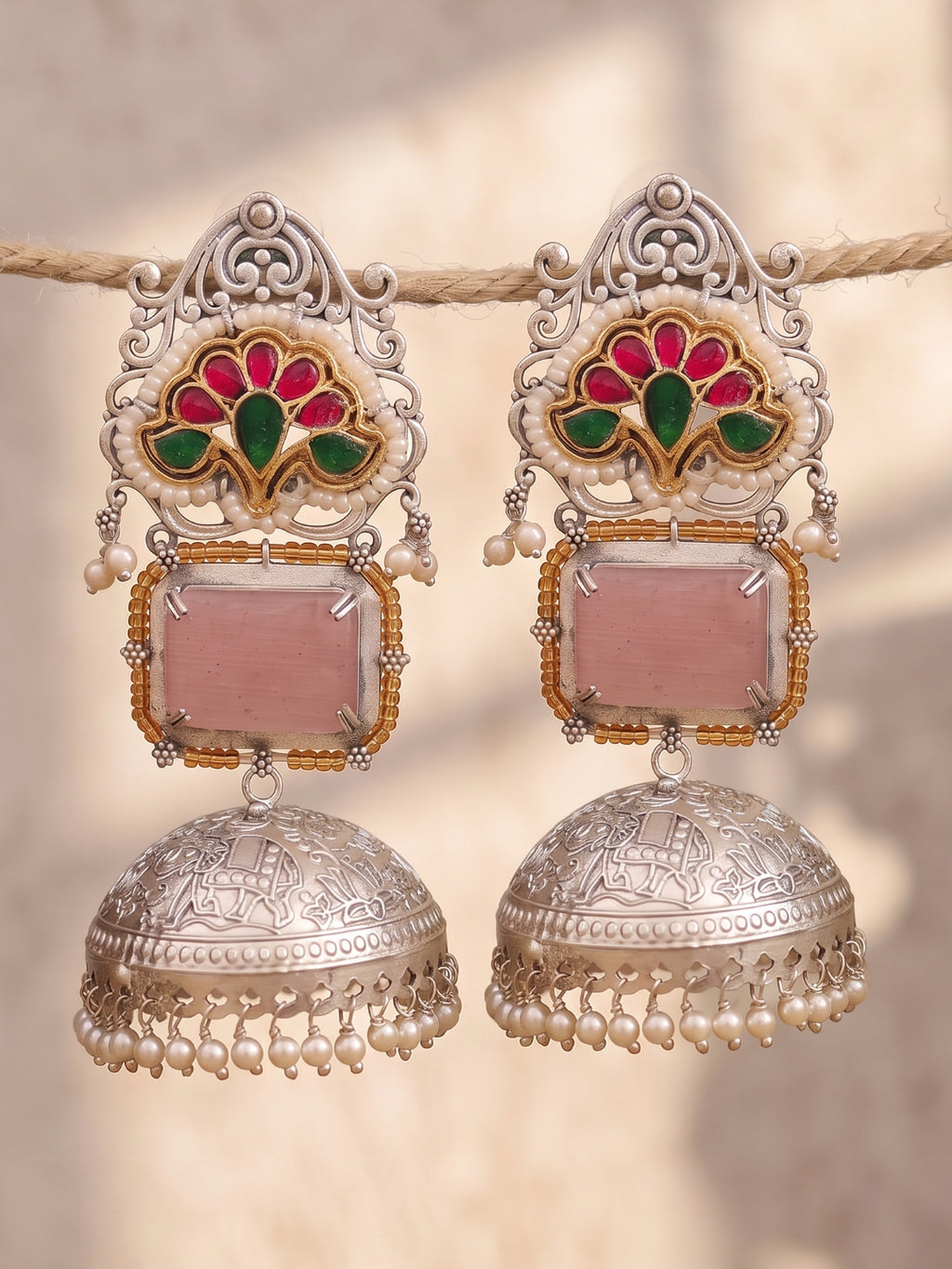 Pink Green Floral Silver Finish Jhumka Earrings