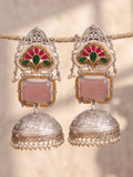 Pink Green Floral Silver Finish Jhumka Earrings