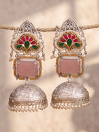 Pink Green Floral Silver Finish Jhumka Earrings